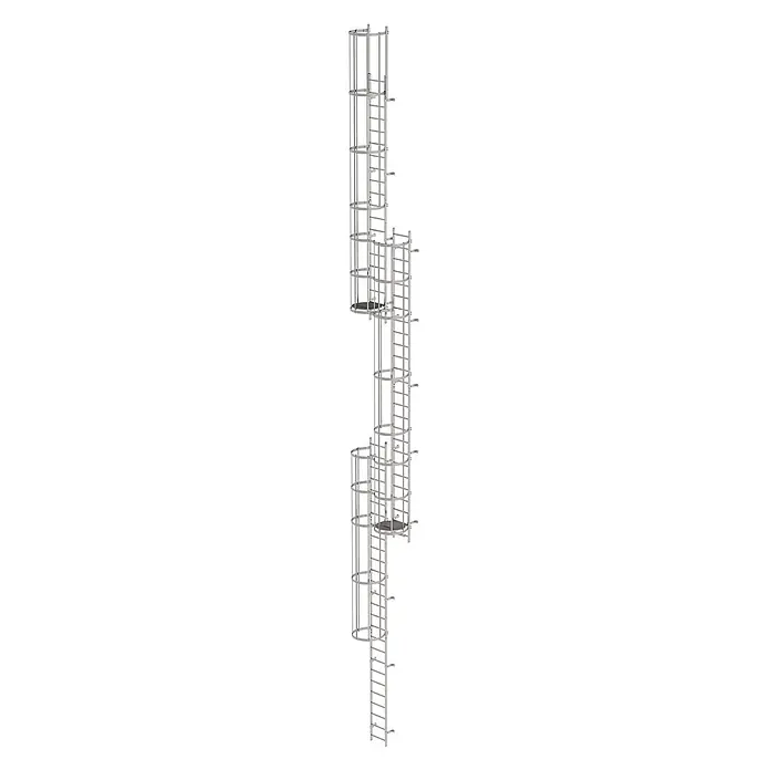 Munk Anlegeleiter ortsfeste Steigleitern Edelstahl, 15,96m SH PG2 - Edelstahl - Modulares, silbergraues Metall-Steigleiter-System mit mehreren versetzten Abschnitten und Ruheplattformen für vertikalen Zugang.