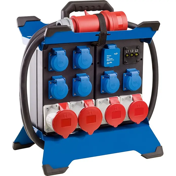 as-schwabe Baustromverteiler Stromverteiler STECKY DUO 3 - Anzahl CEE-Steckdosen: 4 Stk., Anzahl Steckdosen Schuko: 6 Stk., IP44 - Blauer und schwarzer tragbarer Stromverteiler mit blauen und roten Industriesteckdosen, rotem CEE-Stecker und Kabelaufwicklung.