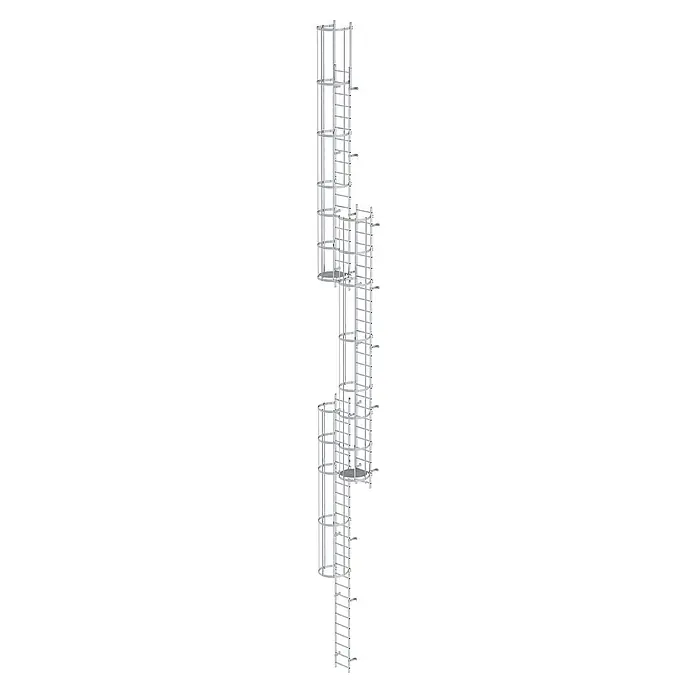 Munk Anlegeleiter ortsfeste Steigleitern Aluminium, 15,96m SH PG2 - Aluminium - Modulares, metallisches Steigleiter-System mit Sicherheitskäfig und Plattformen für vertikalen Zugang.