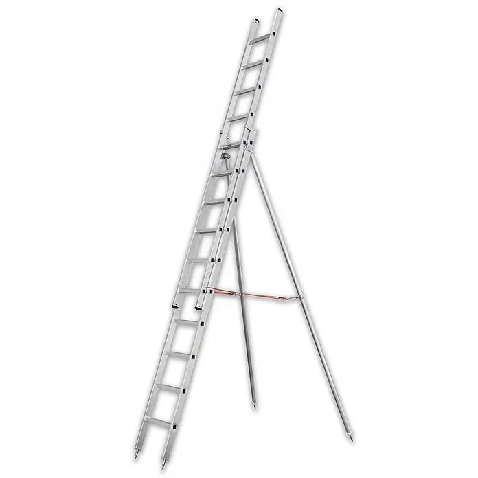 Iller Leiter Anlegeleiter Obstbaum 6,15m AH, 2-teilig mit Stützen und 2x10 Sprossen - Anzahl Tritte: 10 Stk., Arbeitshöhe: 6.150 m, Belastbarkeit: 100 kg, Aluminium - Silberne Aluminiumleiter mit verstellbarem Stützbein und orangem Spanngurt für Stabilität.