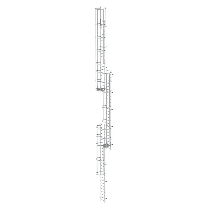 Munk Anlegeleiter ortsfeste Steigleitern Aluminium, 16,80m SH PG2 - Aluminium - Modulares silbernes Industriekletterleiter-System mit Sicherheitskäfigen und Zwischenpodesten.