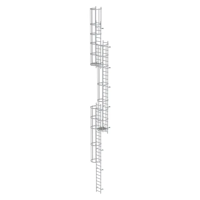 Munk Anlegeleiter ortsfeste Steigleitern Aluminium eloxiert, 14,00m SH PG2 - Aluminium - Modulares silbergraues Metall-Leitersystem mit Schutzkorb, mehreren Abschnitten und Podesten für sicheren Aufstieg.