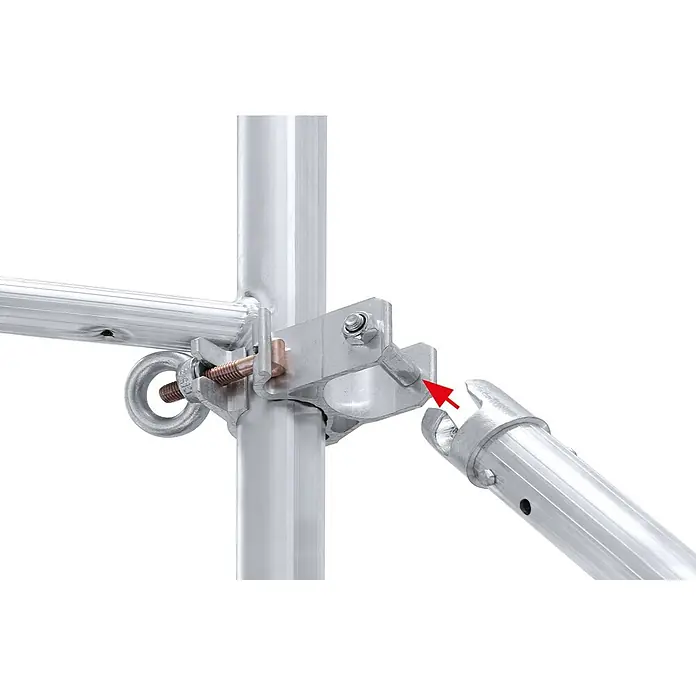 Hymer Rollgerüst Fahrgerüst mit Ausleger 2,95x0,65m 13,4m AH - Arbeitshöhe: 13.400 m - Aluminium-Gerüstklemme an vertikalem Rohr, verbindet Horizontalrohr und Ringschraube, mit Befestigungspunkt für Diagonalstrebe.