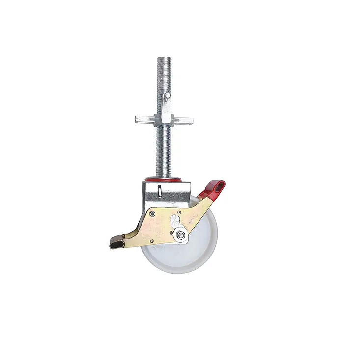 Hymer Rollgerüst Fahrgerüst mit Ausleger 2,95x1,3m 4,4m AH - Arbeitshöhe: 4.400 m - Verstellbare Gerüst-Lenkrolle mit Spindel, Metallgehäuse und rotem Bremshebel über transparentem Rad.