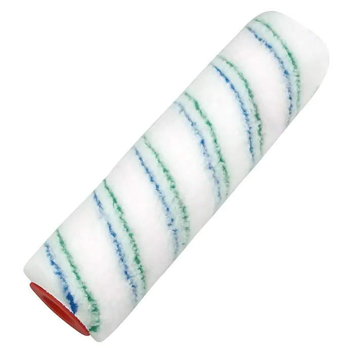 swingcolor Komfort Farbwalze - Breite Walze: 25 cm, Bügelstärke: 8 mm, Florhöhe: 9 mm - Nahaufnahme einer Farbwalze mit abwechselnden blauen und grünen Streifen auf weißem Grund, die ein Werkzeug zum Malen darstellt.