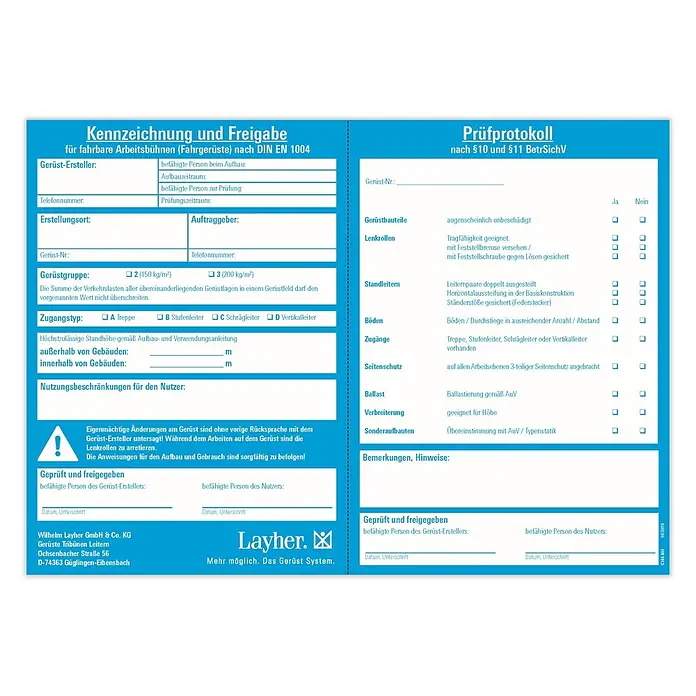 Layher Rollgerüst FG 1 Kennzeichnungsblock bestehend aus 50 Blättern -  - Blau-weißes deutsches Formular für Gerüstkennzeichnung, Freigabe und Prüfprotokoll.