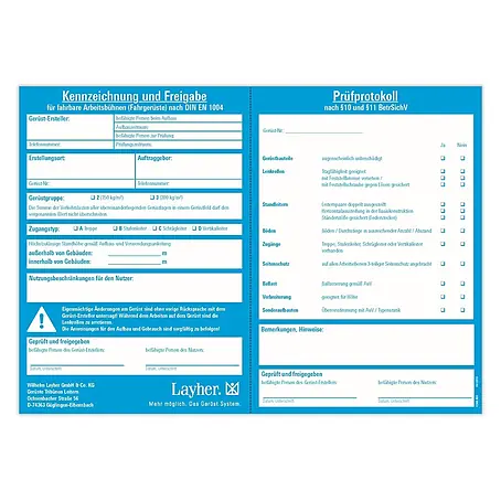 Layher  Rollgerüst FG 1 Kennzeichnungsblock bestehend aus 50 Blättern