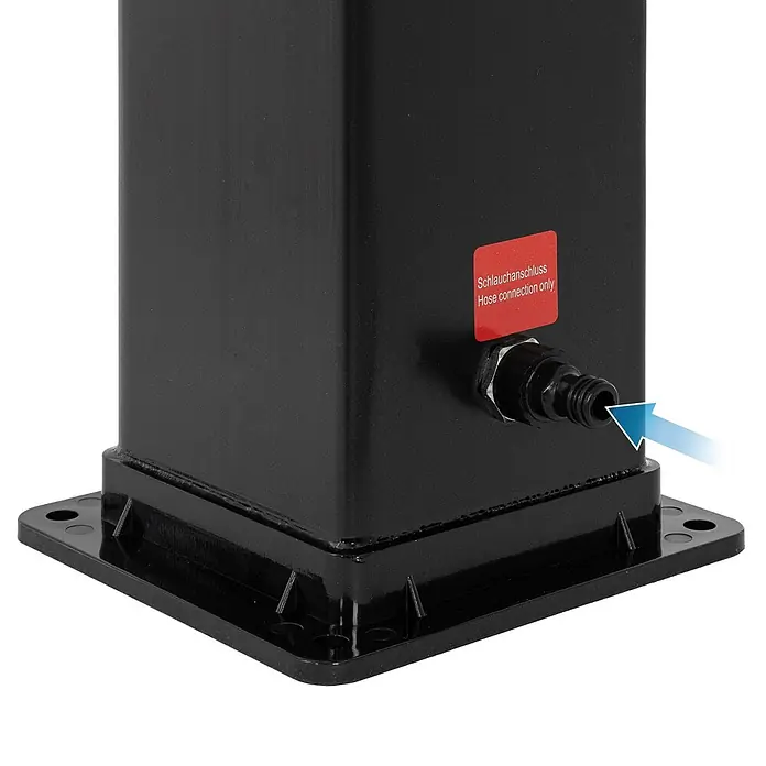 ML-Design Solardusche 40L Eckig mit Fußdusche und Regenduschkopf warmes Wasser - Kunststoff, Schwarz - Schwarzer Metallpfosten mit Schlauchanschluss.