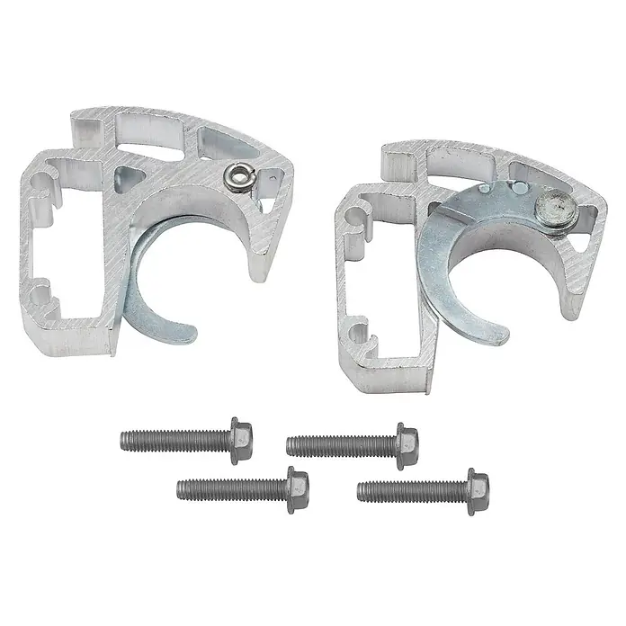Hymer Rollgerüst Einhängehakenset für Gerüst-Bühnen -  - Zwei silberne Metallklemmen mit Schwenkarmen und vier passenden Schrauben.