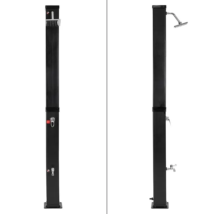 ML-Design Solardusche 40L Eckig mit Fußdusche und Regenduschkopf warmes Wasser - Kunststoff, Schwarz - Schwarze Außendusche mit Regenduschkopf, Mischbatterie und unterem Wasserhahn.