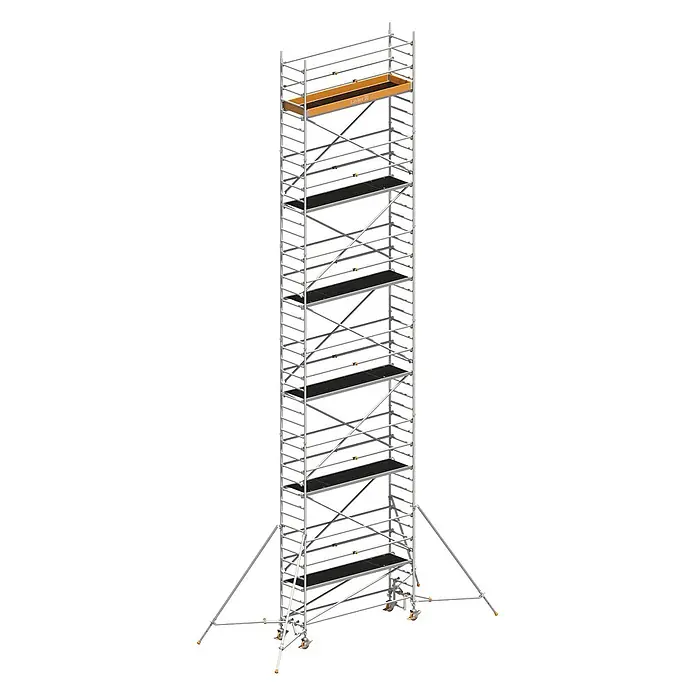 Layher Rollgerüst Rollgerüst Uni Standard P2 mit Uni Telegeländer und ausziehbaren Gerüsts - Arbeitshöhe: 13.200 m - Hohes, silberfarbenes Fahrgerüst mit schwarzen Plattformen und einer orangefarbenen Ablagewanne, ausgestattet mit Auslegern und Rädern.