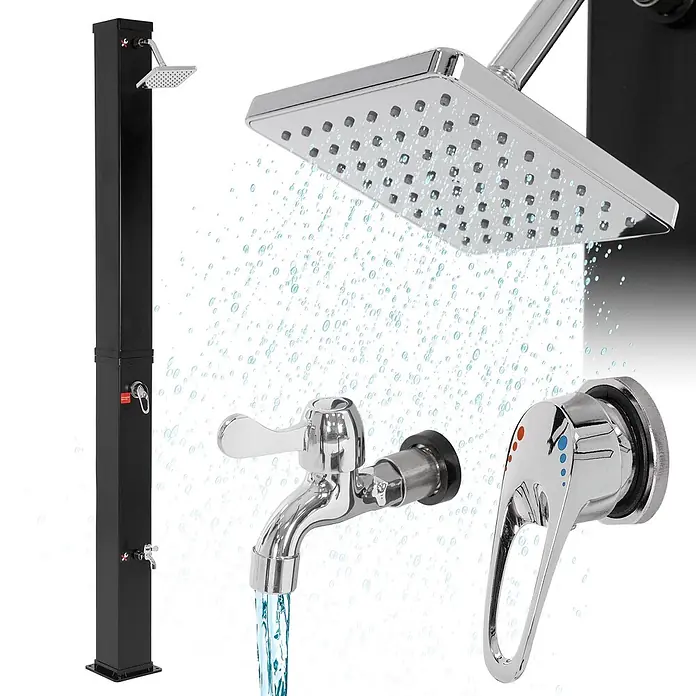 ML-Design Solardusche 40L Eckig mit Fußdusche und Regenduschkopf warmes Wasser - Kunststoff, Schwarz - Schwarze Außendusche mit Chrom-Duschkopf, unterem Wasserhahn und Warm-/Kaltmischer, mit fließendem Wasser.