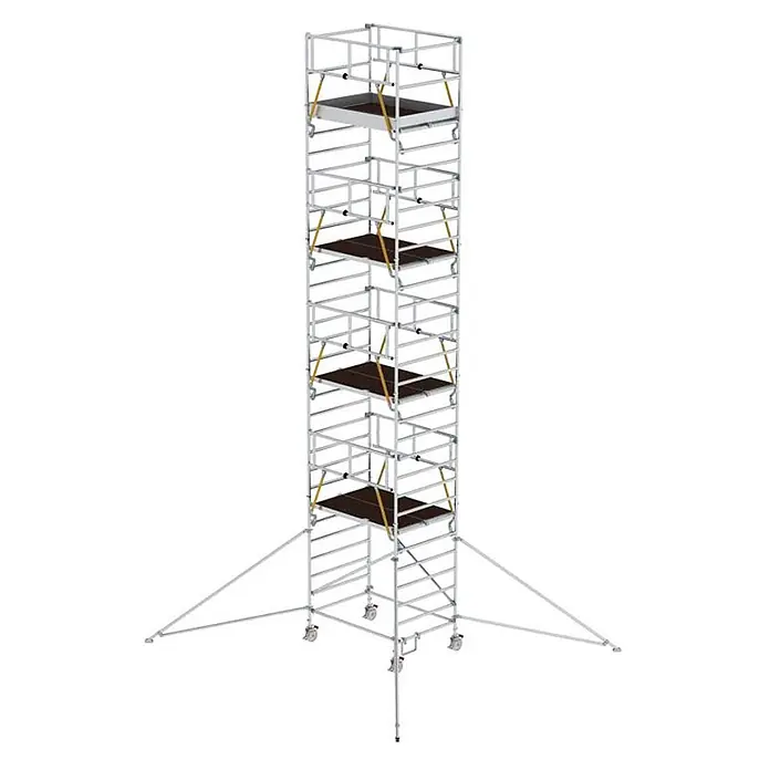 Munk Rollgerüst Rollgerüst SG mit Doppelplattform 1,35x1,80m und Ausleger 10,39m AH - Arbeitshöhe: 10.390 m - Hohes, fahrbares Aluminium-Rollgerüst mit mehreren Arbeitsplattformen, gelben Diagonalstreben, Rollen und Auslegern.