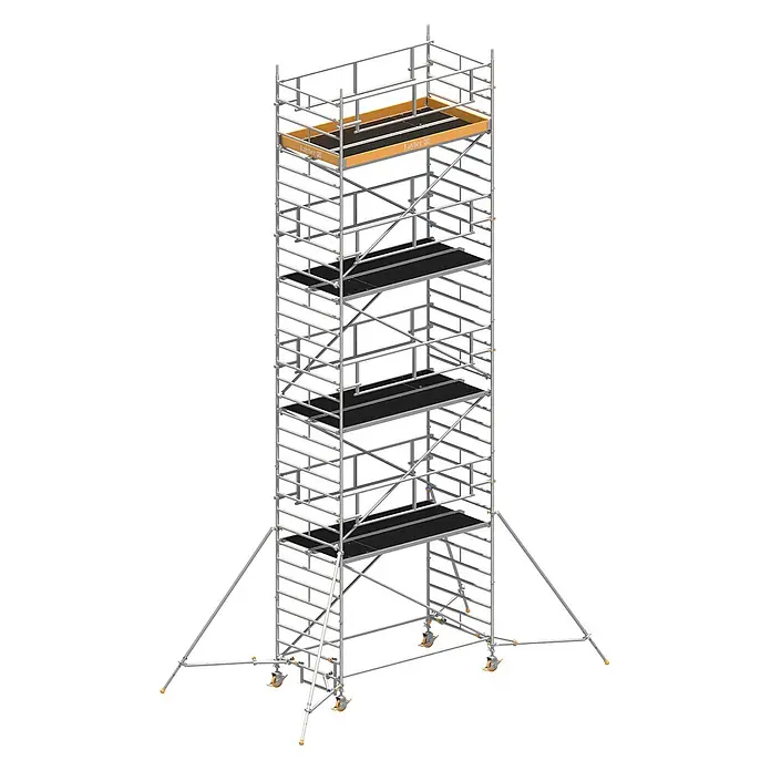 Layher Rollgerüst Rollgerüst Uni Breit P2 Safety Plus mit Doppelgeländer und ausziehbaren G - Arbeitshöhe: 10.200 m - Silberfarbenes Rollgerüst mit schwarzen Arbeitsbühnen, oranger oberster Plattform und Auslegern.