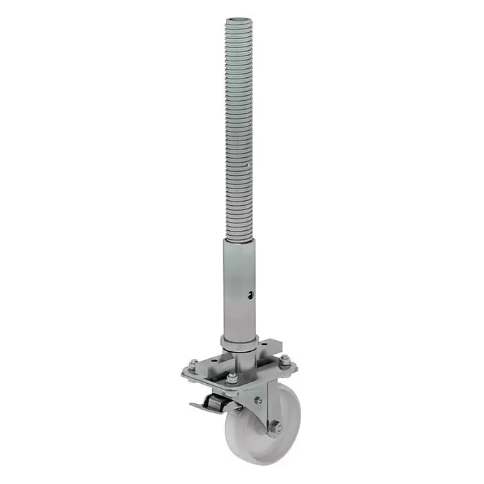 Munk Rollgerüst Lenkrolle mit Feststellbremse und Spindel 125mm Durchmesser -  - Höhenverstellbare Gerüstrolle mit Gewindestange, Metallgehäuse, weißem Rad und Bremse.