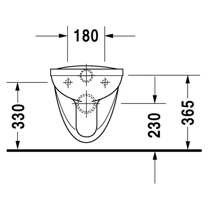 Duravit D-Code Wand-WC Basic - Mit Spülrand, Ohne Spezialglasur, Spülform: Tief, WC Abgang: Waagerecht, Weiß - Technische Zeichnung einer wandhängenden Toilette mit Maßangaben.
