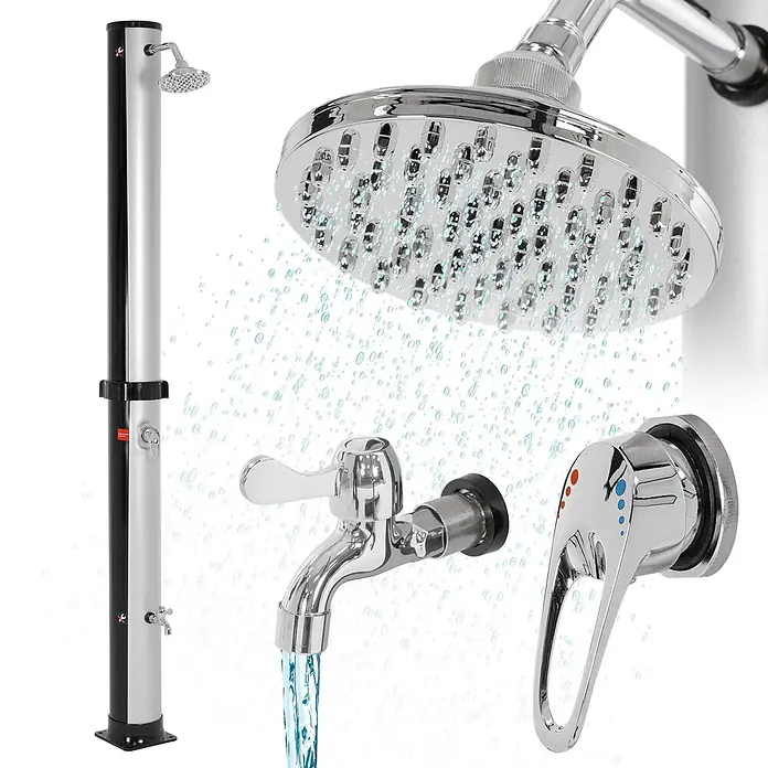 ML-Design Solardusche 35L Rund mit Fußdusche und Regenduschkopf warmes Wasser - Kunststoff, Silber, Schwarz - Schwarze und silberne Solardusche für den Außenbereich mit Chrom-Duschkopf, Chrom-Wasserhahn und Chrom-Warm-/Kaltmischventil.