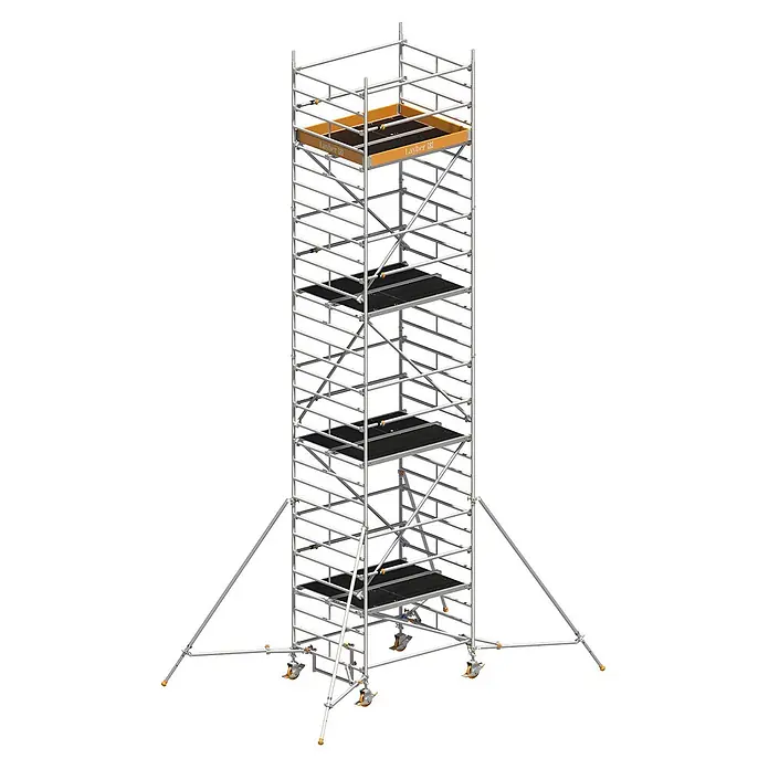 Layher Rollgerüst Rollgerüst Uni Kompakt P2 mit Uni Telegeländer und ausziehbaren Gerüstst - Arbeitshöhe: 9.200 m - Mehrstufiges mobiles Aluminium-Rollgerüst mit schwarzen Plattformen und stabilisierenden Auslegern.