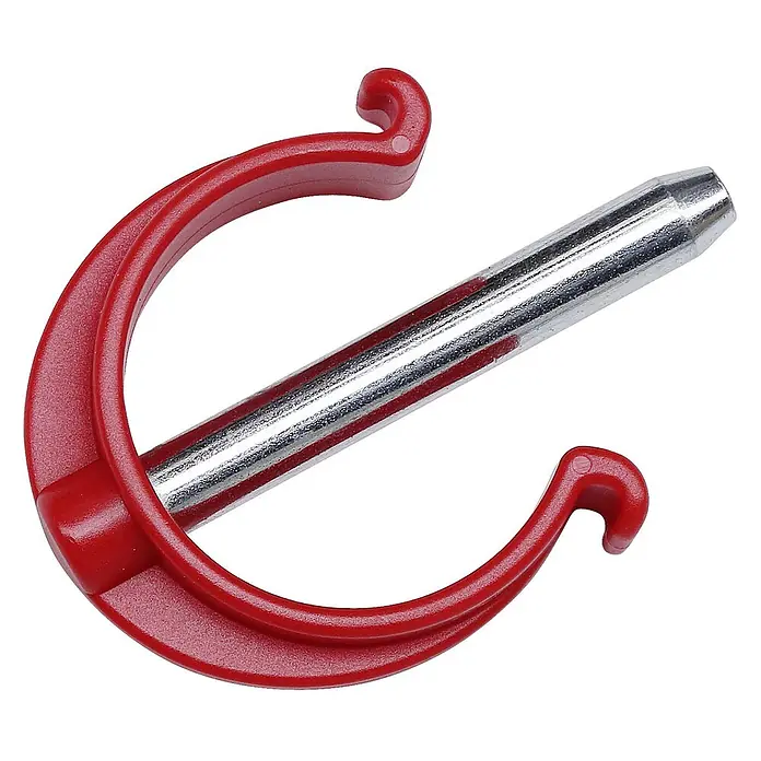 Hymer Rollgerüst Sicherungsstecker für Gerüste -  - Rotes Kunststoff-C-förmiges Befestigungsentfernungswerkzeug mit silbernem Metallstab.