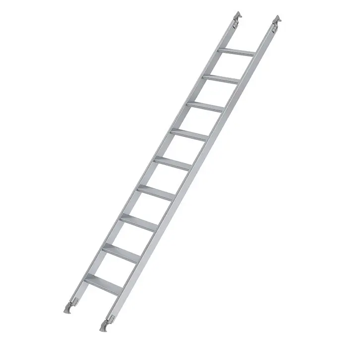 Munk Rollgerüst Schrägaufstieg 1,80m Gerüstlänge -  - Silbergraue Aluminiumleiter mit Haken an beiden Enden.