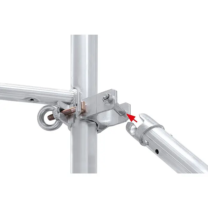 Hymer Rollgerüst Treppen-Fahrgerüst 5,64m Gerüsthöhe - Arbeitshöhe: 6.400 m - Silberne Aluminiumgerüst-Elemente: Vertikalstange, Querstange und Diagonalstrebe verbinden sich über eine Metallklemme mit Ringschraube.