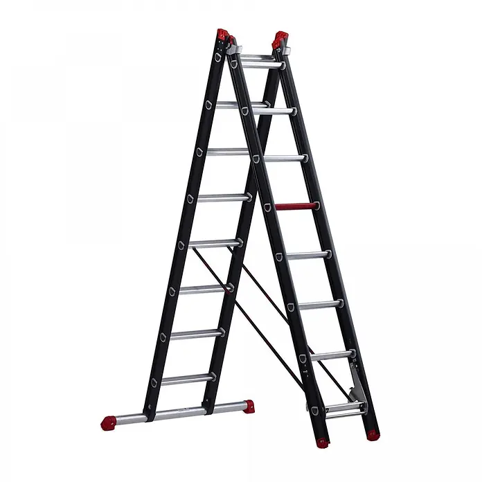 Altrex Mehrzweckleiter Mounter Mehrzweckleiter ZR 2040 2x8 Sprossen - Anzahl Tritte: 8 Stk., Arbeitshöhe: 4.800 m, Aluminium - Schwarze und silberne Mehrzweckleiter mit roten Sicherheitsakzenten, in A-Form aufgestellt.