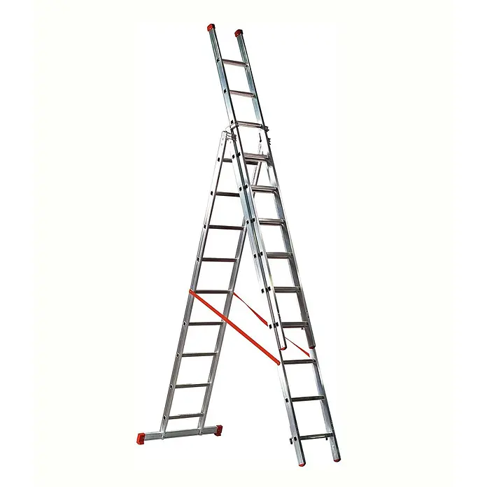 Facal Mehrzweckleiter Mehrzweckleiter 3-teilig GENIA S300 3x10 Sprossen - Anzahl Tritte: 10 Stk., Arbeitshöhe: 8.700 m, Aluminium - Aluminium-Leiter, A-förmig aufgestellt mit ausgefahrenem Oberteil und roten Sicherheitsgurten.