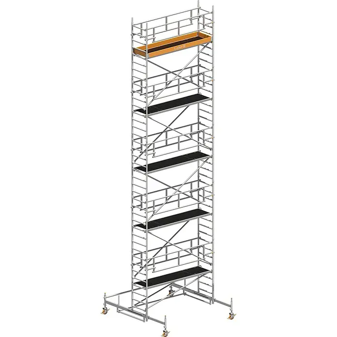 Layher Rollgerüst Rollgerüst Uni Standard P2 Safety Plus mit Doppelgeländer 11,38m AH - Arbeitshöhe: 11.380 m - Hoher, silberner Rollgerüstturm mit schwarzen Plattformen und orangem oberen Behälter, auf Rädern.