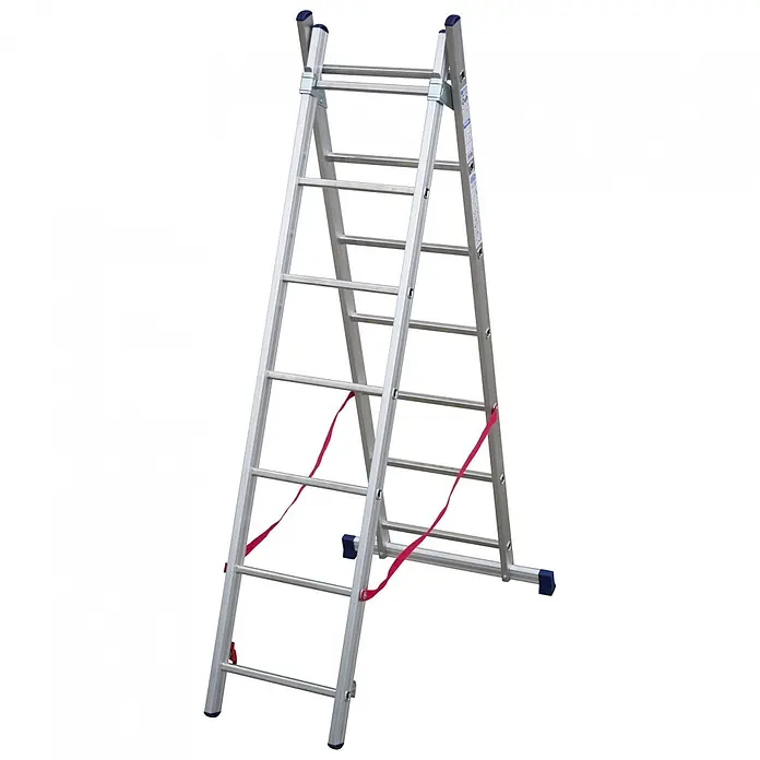 Facal Mehrzweckleiter Mehrzweckleiter STILO S100 2x7 Sprossen - Anzahl Tritte: 7 Stk., Arbeitshöhe: 4.040 m, Aluminium - Silberne Aluminium-Klappleiter mit roten Sicherheitsgurten und blauen Füßen.