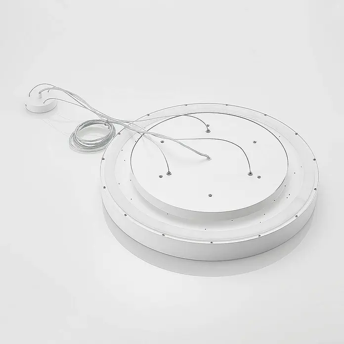 Arcchio Pendelleuchte Vanida - L x B x H: 60 x 60 x 9 cm, weiß / opal, weiß - Weiße, mehrschichtige runde LED-Deckenleuchte von hinten mit sichtbarer Verkabelung und Befestigungspunkten.