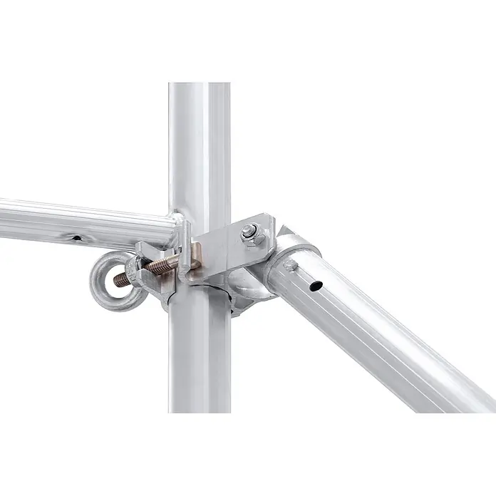 Hymer Rollgerüst Fahrgerüst mit Ausleger 1,9x1,3m 3,4m AH - Arbeitshöhe: 3.400 m - Silberne Metallgerüstklemme verbindet vertikale, horizontale und diagonale Stangen mit Bolzen und einer Ringschraube.