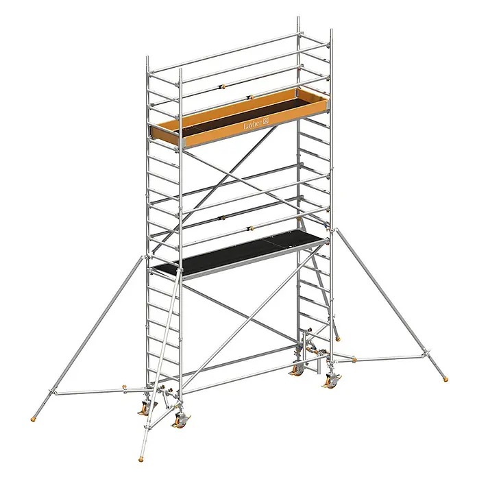 Layher Rollgerüst Rollgerüst Uni Standard P2 mit Uni Telegeländer und ausziehbaren Gerüsts - Arbeitshöhe: 6.200 m - Mobiles Gerüst aus silbernem Aluminium mit schwarzen Plattformen, orangefarbener Materialwanne, Rollen und Auslegern.