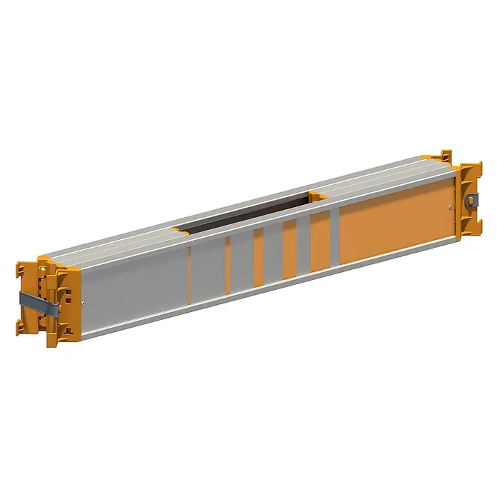 Layher Rollgerüst Klappbarer Bordbrettkranz zu Solotower -  - Langes orange-silbernes Industrieprofil mit oberer Nut und Endkappen, inklusive Befestigungsclip.