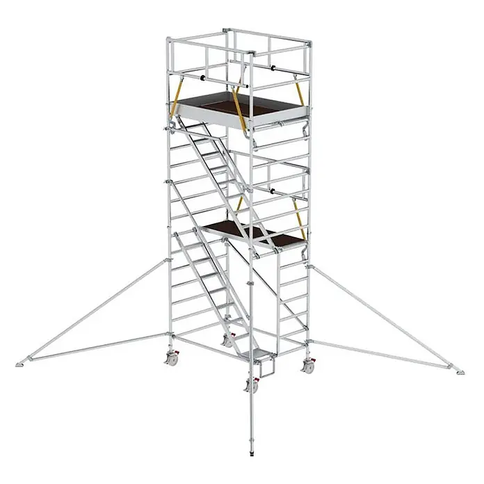 Munk Rollgerüst Rollgerüst SG mit Schrägaufstiegen 1,35x1,80m und Ausleger 6,47m AH - Arbeitshöhe: 6.470 m - Mobiles Aluminium-Fahrgerüst mit Podesten, integrierter Leiter und Auslegern.