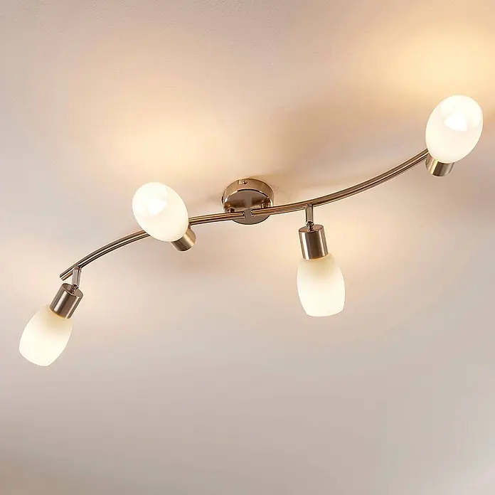 Lindby Deckenstrahler Arda - alu / grau / zink, E14 - Gebogene Deckenleuchte aus gebürstetem Nickel mit vier verstellbaren Spots aus Milchglas.