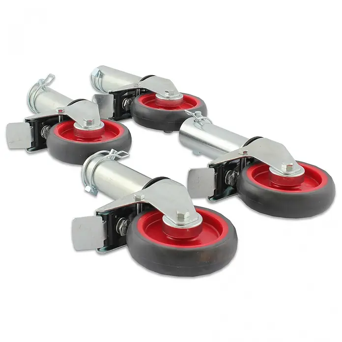 Altrex Rollgerüst 4er-Set Räder Ø125mm mit Bremse RS TOWER 4 -  - Vier silberne Lenkrollen mit roten Naben und schwarzen Gummilaufflächen, jeweils mit Bremse.