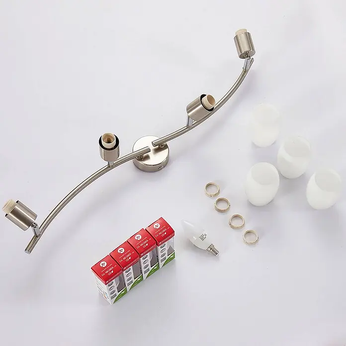 Lindby Deckenstrahler Arda - alu / grau / zink, E14 - Gebürstete Nickel-Vierer-Schiene-Lichtleuchte mit E14 LED-Lampen, weißen Glasschirmen und Halteringen.