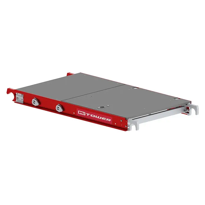 Altrex Rollgerüst MiTOWER Fiber-Deck® -Plattform -  - Rote und graue Gerüstplattform mit Endhaken und Seitenverschlüssen, mit NITOWER-Logo.
