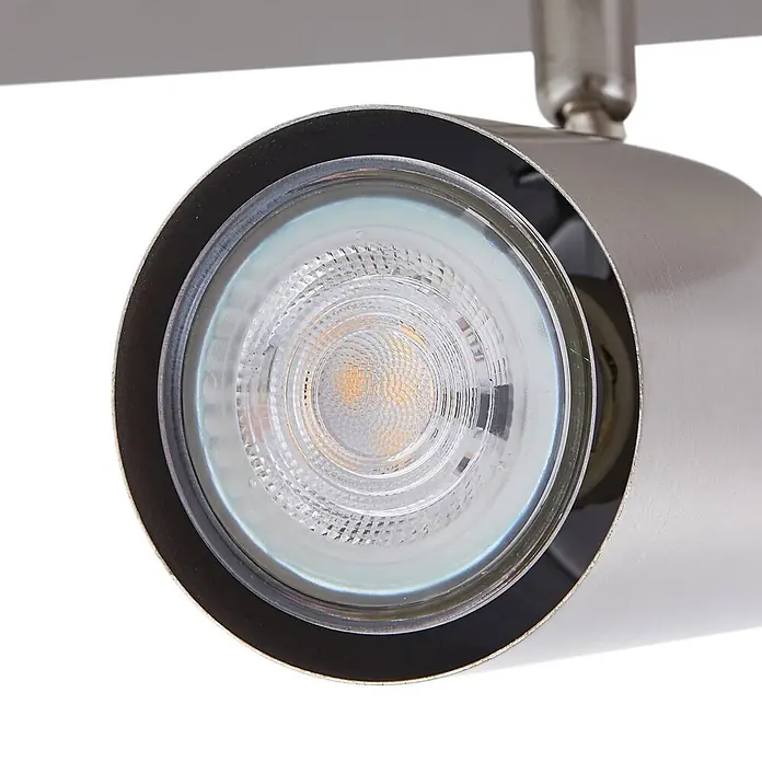 Lindby Deckenstrahler Joffrey - alu / grau / zink, alu / grau / zink, GU10 - Gebürsteter Metall-LED-Strahler mit klarer, texturierter Glühbirne und gelben Details.