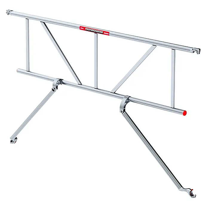 Altrex Rollgerüst Safe-Quick Geländer 2,45m -  - Silbernes Gerüstgeländer aus Metall mit diagonalen Streben und roter Endkappe.
