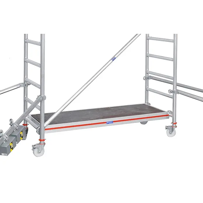 Hymer Rollgerüst Einzelteil Gerüst Bühne ohne Durchstiegsklappe 2,95x0,65m -  - Mobiles Aluminium-Rollgerüst mit schwarzer Plattform, rotem Streifen, Diagonalstreben und Lenkrollen. Ausleger sorgen für Stabilität.