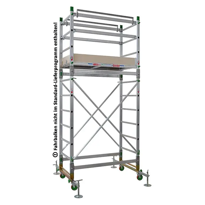 Facal Rollgerüst Fahrgerüst AluMito Grundgerüst - Arbeitshöhe: 4.400 m - Mobiles Aluminium-Fahrgerüst mit zwei Plattformen, Geländern, integrierten Leitern, Diagonalstreben und verstellbaren Rollfüßen.
