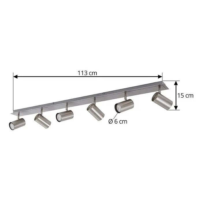 Lindby Deckenstrahler Joffrey - alu / grau / zink, alu / grau / zink, GU10 - Lineare Deckenleuchte mit 6 verstellbaren Spots aus gebürstetem Metall, 113 cm lang, 15 cm hoch, Ø 6 cm Spots.