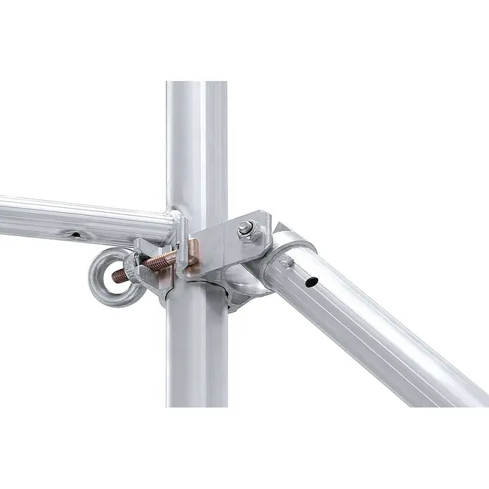 Hymer Rollgerüst Fahrgerüst klappbar mit Ausleger 8,75m AH - Arbeitshöhe: 8.750 m - Silberne Aluminiumgerüstverbindung mit Klemme, Ringschraube und Diagonalrohr.