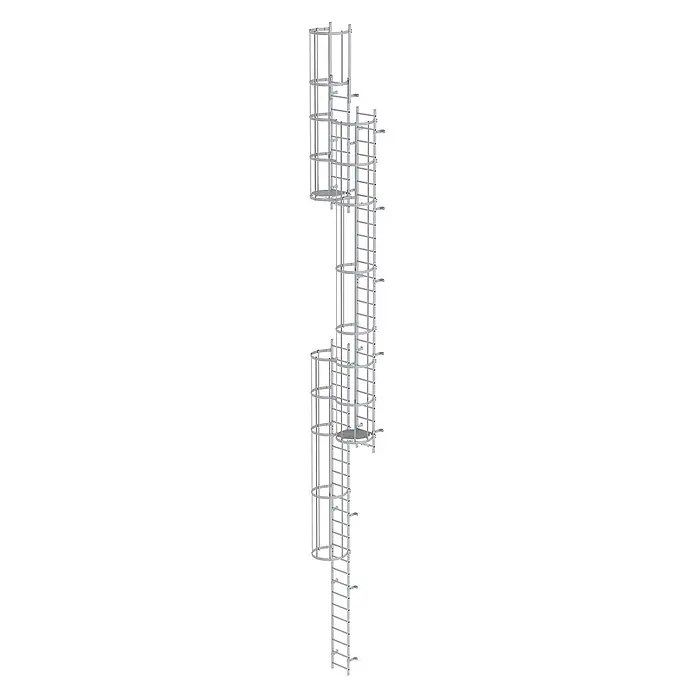 Munk Anlegeleiter ortsfeste Steigleitern Aluminium eloxiert, 13,16m SH PG2 - Aluminium - Modulares Industriekletterleiter-System mit Sicherheitskäfigen und Ruheplattformen, silberfarben.