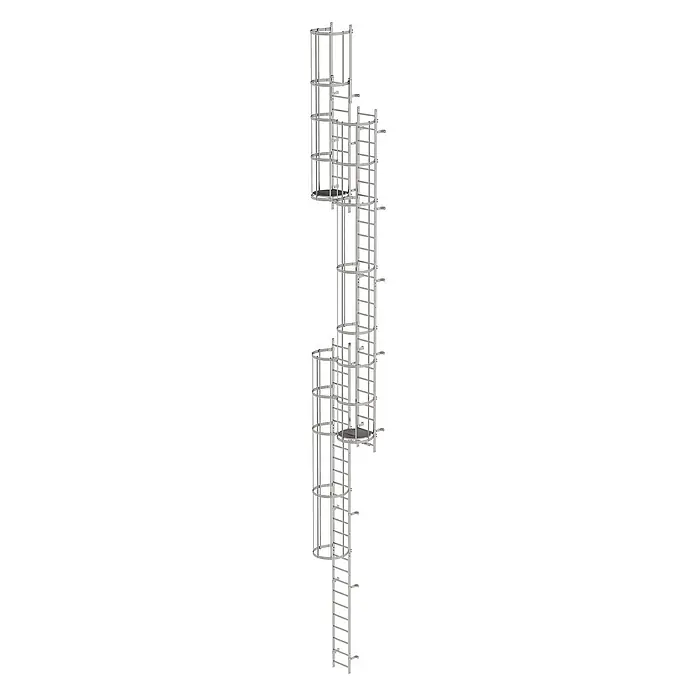 Munk Anlegeleiter ortsfeste Steigleitern Edelstahl, 13,16m SH PG2 - Edelstahl - Modulares silbernes Industrieleitersystem mit Sicherheitskäfigen und Zwischenpodesten für vertikalen Zugang.