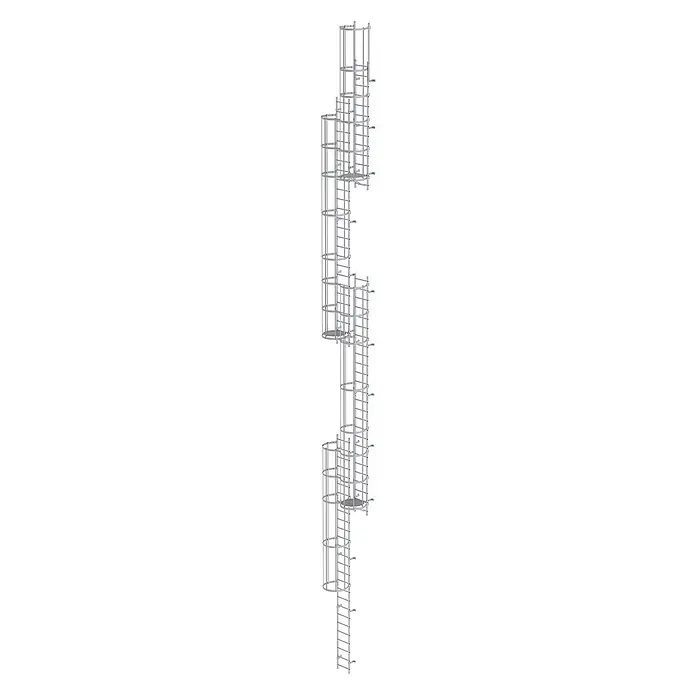 Munk Anlegeleiter ortsfeste Steigleitern Aluminium eloxiert, 18,76m SH PG2 - Aluminium - Modulares Industriekäfigleitersystem mit Podesten, silberfarbenes Metall für vertikalen Zugang.