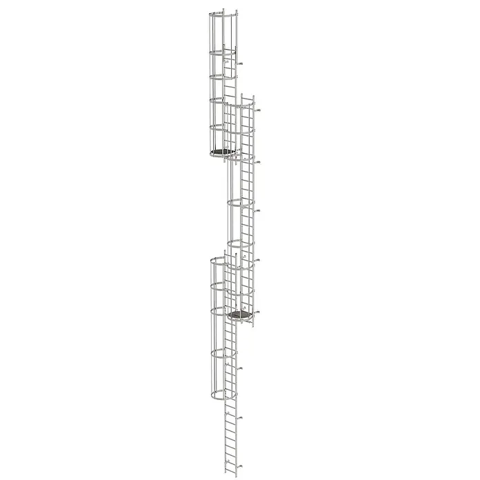 Munk Anlegeleiter ortsfeste Steigleitern Edelstahl, 14,00m SH PG2 - Edelstahl - Silbernes Industriezuleitersystem mit Schutzkorben und mehreren Ruheplattformen für den vertikalen Aufstieg.