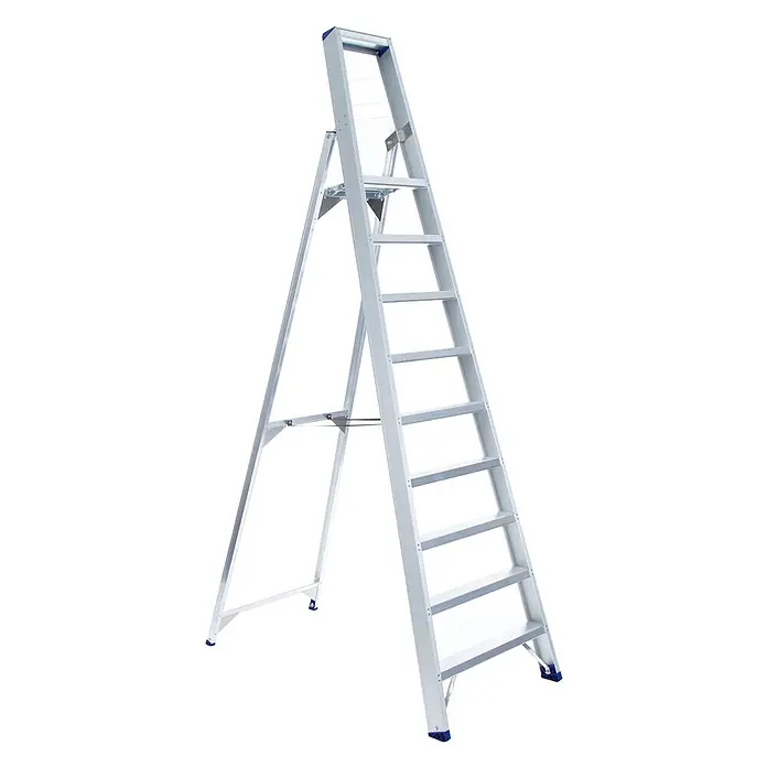 ASC Stehleiter Eurostairs Stufenstehleiter einseitig eloxiert mit Plattform 9 Stufen - Anzahl Tritte: 9 Stk., Arbeitshöhe: 4.050 m, Aluminium - Silber-graue Aluminium-Stehleiter mit blauen Akzenten, mehrere Stufen für sicheren erhöhten Zugang.