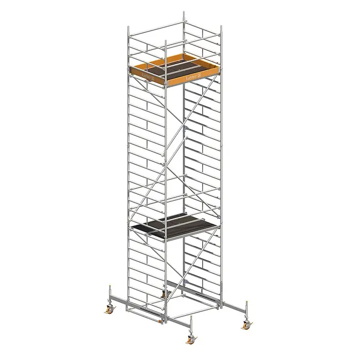 Layher Rollgerüst Rollgerüst Uni Kompakt 8,38m AH (DIN EN 1004:2004) - Arbeitshöhe: 8.380 m - Silberfarbener Rollgerüstturm mit orange-schwarzen Plattformen, mehreren Ebenen, Auslegern und Rädern für Mobilität.